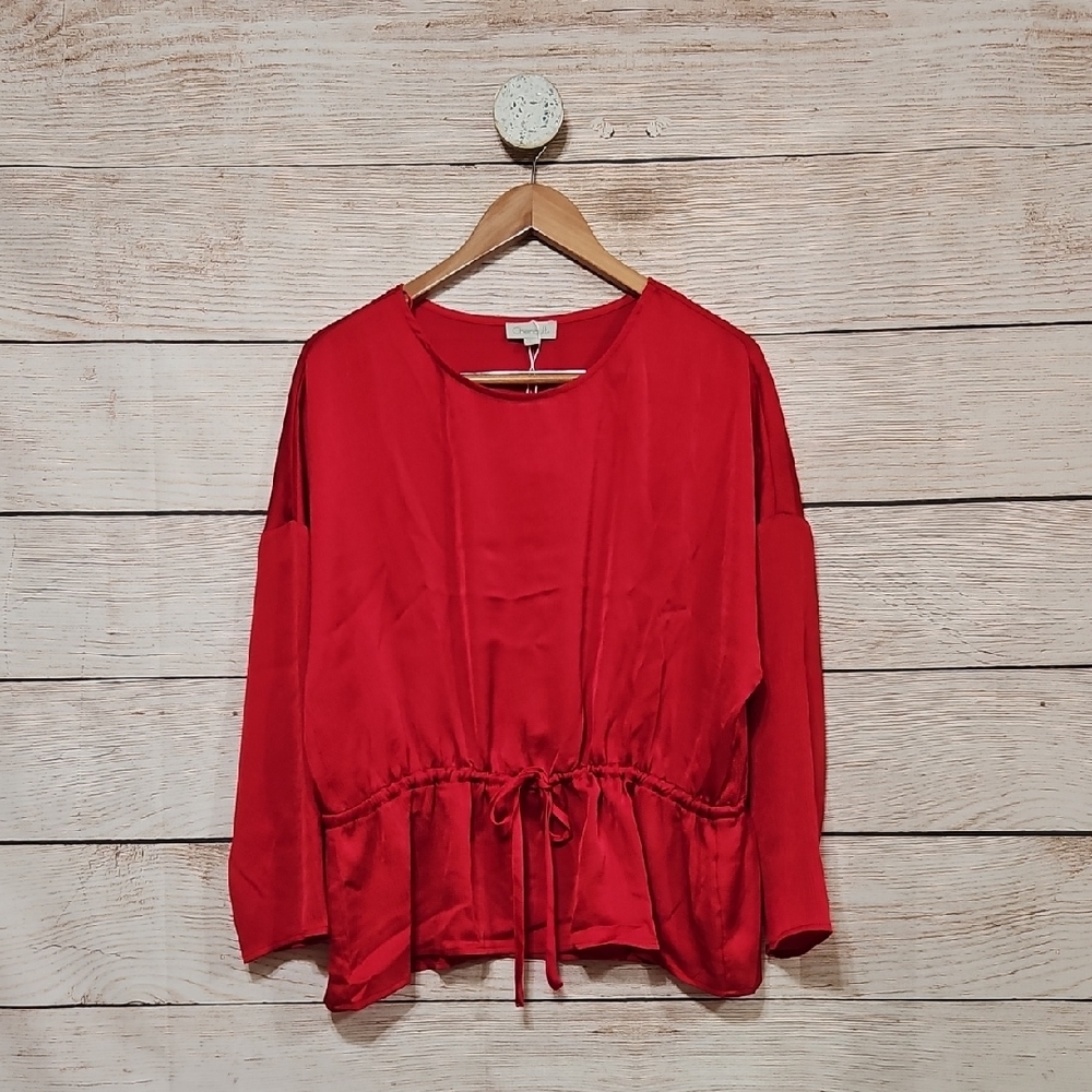Chenault Red Satin Women's Mid Sleeve Blouse with Drawstring Front Detail Large